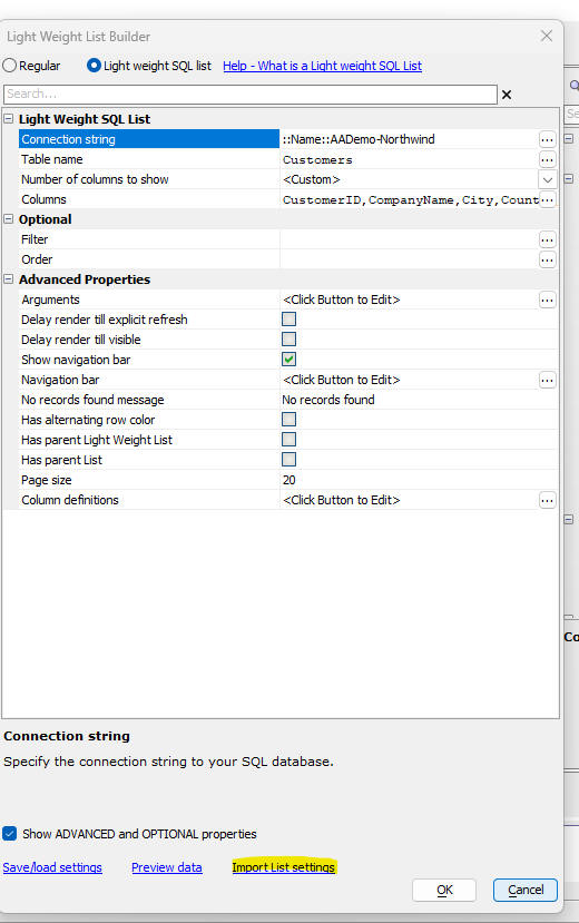 The import settings dialog showing available List controls